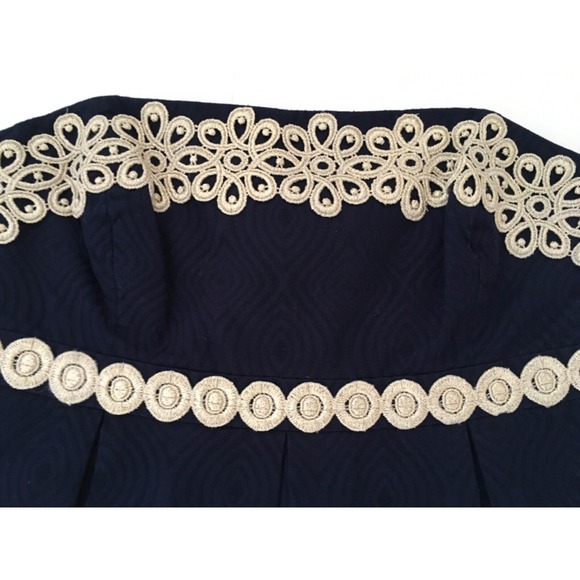Lilly Pulitzer Betsey Navy Blue and Gold Jacquard Strapless Dress Size 8 - Picture 2 of 16